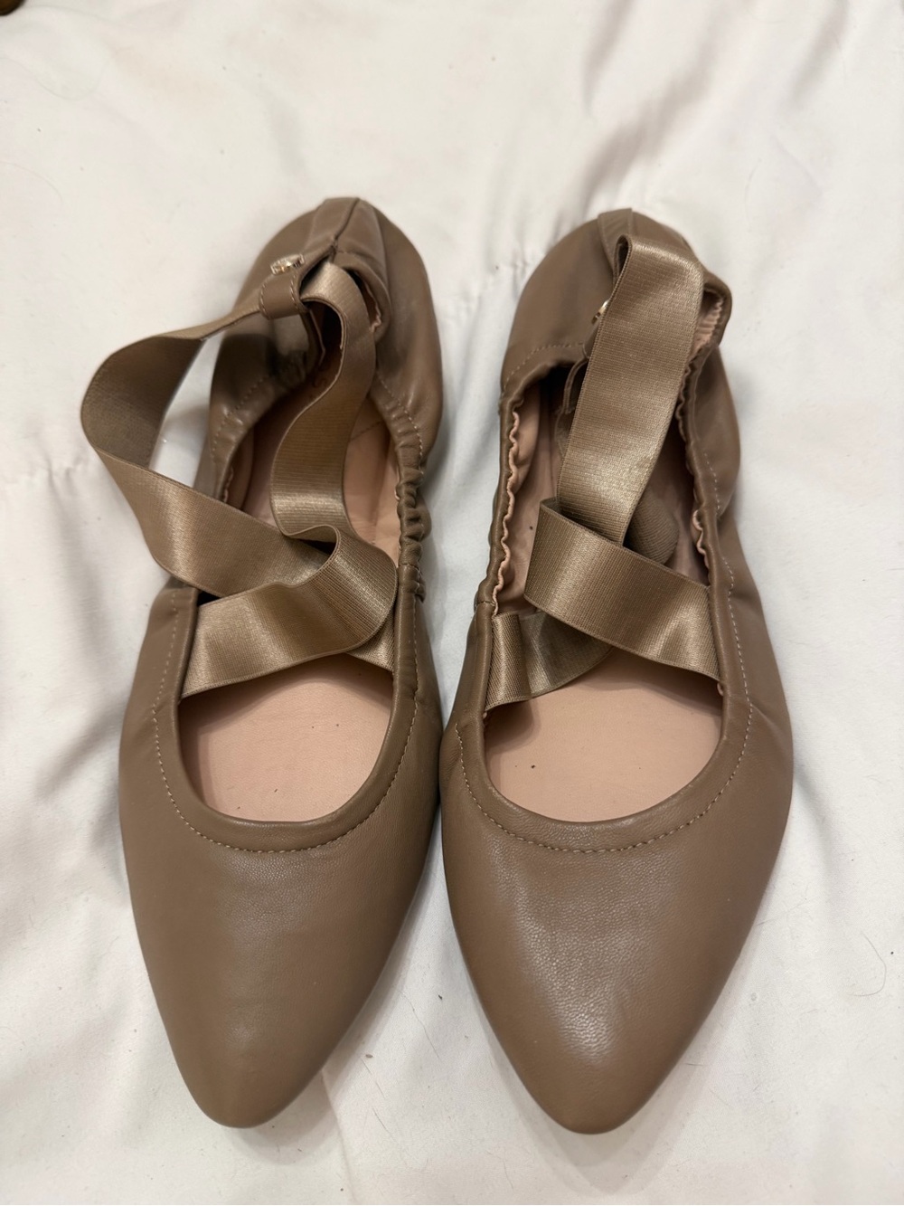 Taryn Rose Taupe Pointed-Toe Ballet Flats with Ribbon Straps